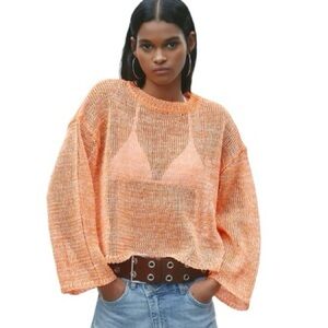 Zara Orange Crochet Style Sheer  Pullover‎ Cropped Sweater Brand New Sz S